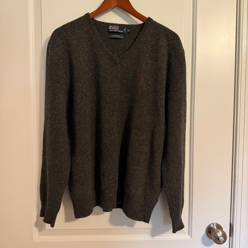Polo Ralph Lauren Mens XL Lambswool V-Neck Sweater Gray Italian Yarn Pony Logo